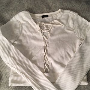 NBD white crop lace up sweater